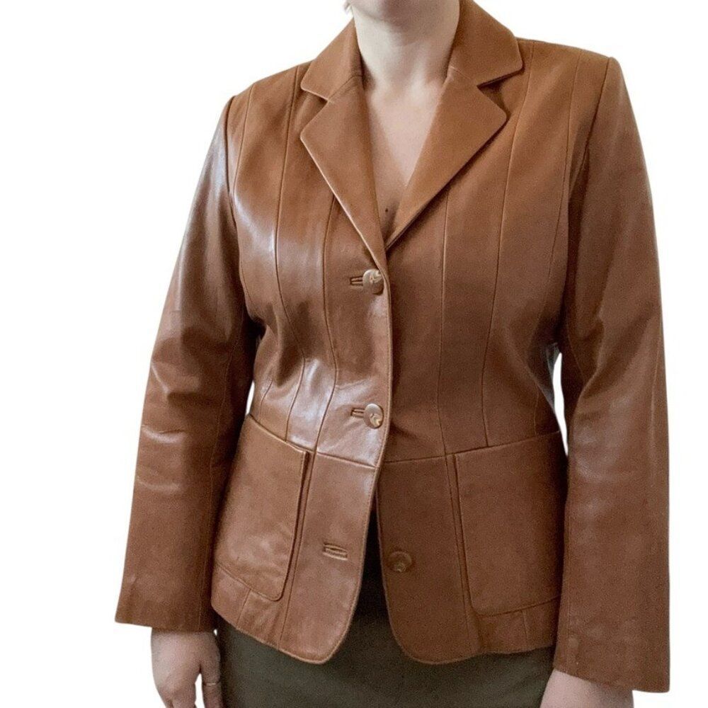 Vintage Y2K Monterey Bay Womens Brown Tan Soft Leather Blazer Boho Jacket Sz M